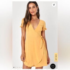 Lulus My Philosophy Wrap Mini Dress Short Sleeve Fit Flare Yellow